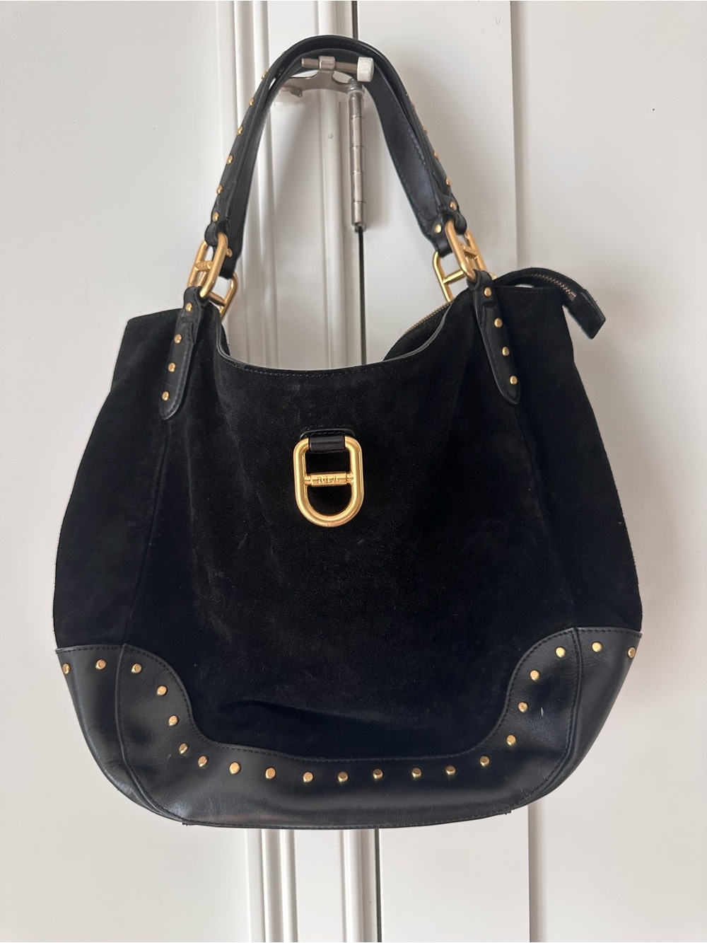 Vintage Ralph Lauren Black Suede & Leather 1967 Hobo Bag with Gold Hardware